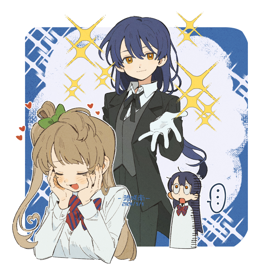 ... 2girls alternate_costume asymmetrical_hair black_jacket black_pants black_suit blue_background blue_hair blunt_bangs border bow bowtie brown_hair closed_eyes collared_shirt cowboy_shot cropped_torso crossdressing dated formal_clothes gloves green_bow grey_vest hair_bow hands_on_own_cheeks hands_on_own_face heart highres imagining jacket jaw_drop long_hair long_sleeves looking_at_viewer love_live! love_live!_school_idol_project low-tied_long_hair minami_kotori minamip multiple_girls multiple_views neck_ribbon one_side_up open_mouth orange_eyes outline outside_border pants reaching reaching_towards_viewer red_bow red_bowtie ribbon shirt signature smile sonoda_umi sparkle spoken_ellipsis standing striped_bow striped_bowtie striped_clothes suit surprised two-tone_background vest white_background white_border white_gloves white_outline white_shirt yuri