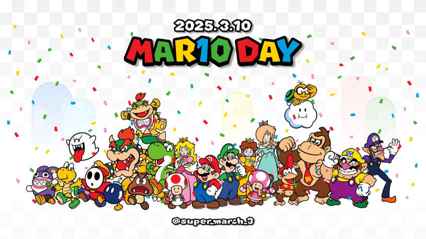 big_nose blonde_hair bob-omb boo_(mario) bowser bowser_jr. brown_fur brown_hair celebration chimpanzee claws cloud colored_skin crown diddy_kong dinosaur donkey_kong facial_hair fangs ghost gloves goomba gorilla green_skin hat highres koopa_troopa lakitu luigi mario mario_(series) mask mountain muscular mushroom mustache nabbit necktie nintendo overalls princess princess_daisy princess_peach red_hair rosalina shirt shoes shy_guy smile super_march_3 toad toadette turtle waluigi wario yoshi