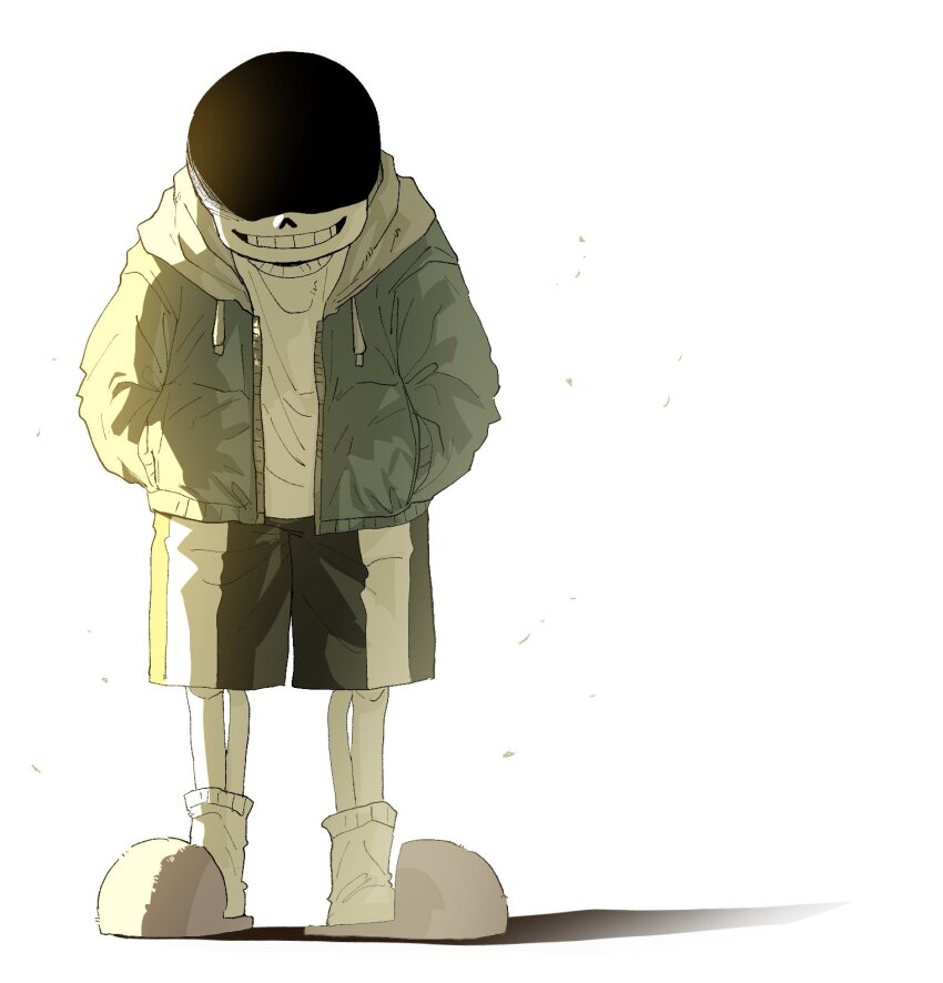 1boy ankle_socks black_shorts drawstring eyes_in_shadow facing_viewer full_body grey_jacket grey_slippers grin hands_in_pockets highres hood hood_down hooded_jacket jacket lina_gtk male_focus open_clothes open_jacket sans_(undertale) shirt shorts simple_background skeleton slippers smile socks solo standing undertale white_background white_shirt white_socks