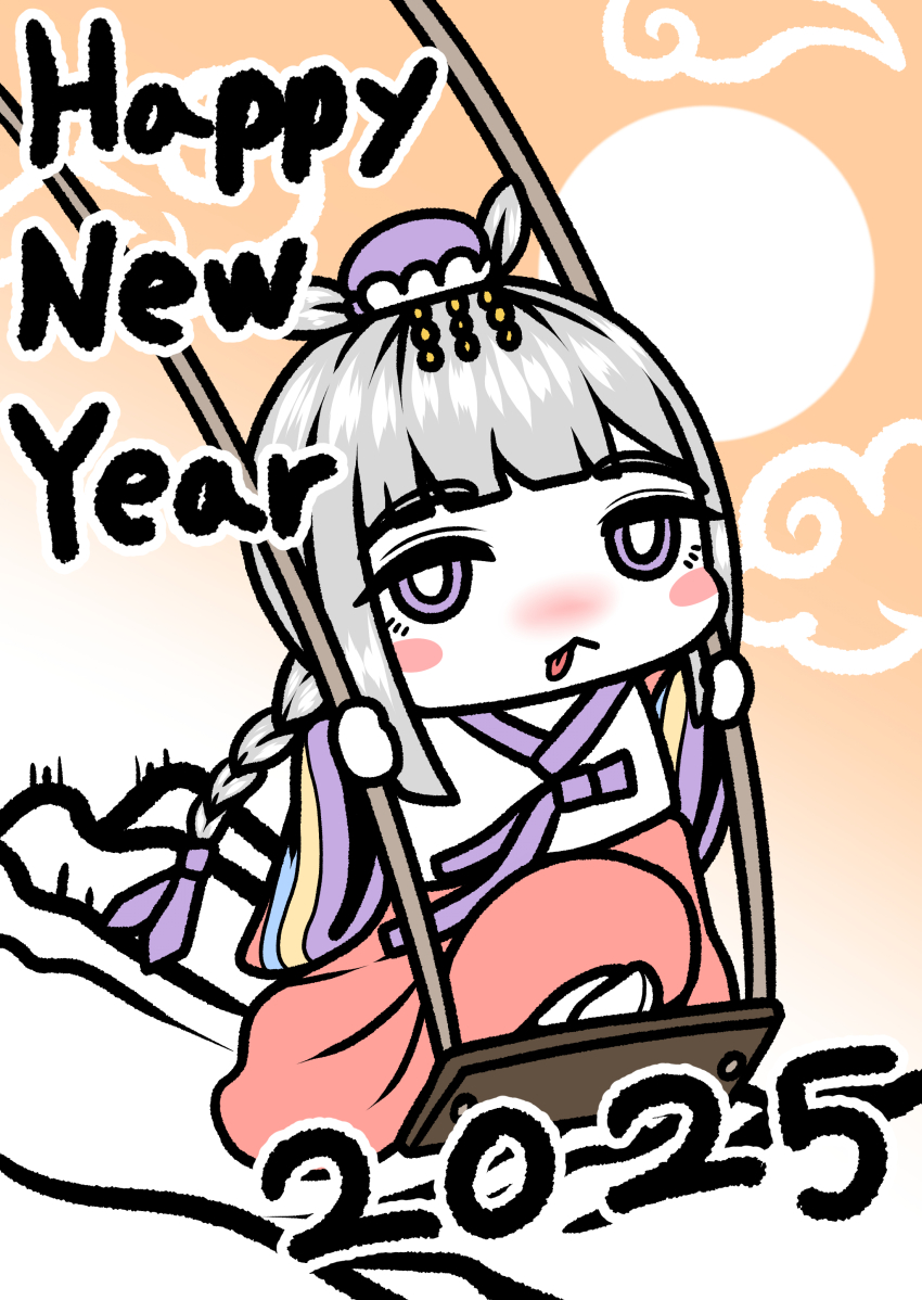 1girl 2025 absurdres aged_down blunt_bangs blush blush_stickers braid cheona_(last_origin) chibi chinese_zodiac gradient_background grey_hair happy_new_year hat highres korean_clothes last_origin new_year nose_blush purple_eyes solo swing_set tongue tongue_out waterbear year_of_the_snake