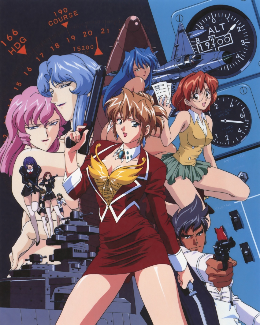 6+girls absurdres agent_aika aida_rion aika_(series) aircraft black_delmo blue_hair briefcase brown_hair contrapposto dark-skinned_female dark-skinned_male dark_skin delmogeny_uniform detatched_collar earrings gauge gun gusto_turbulence handgun highres holding holding_gun holding_weapon jacket jewelry lipstick long_hair long_sleeves makeup miniskirt multiple_girls neena_hagen non-web_source official_art open_mouth outstretched_arms pencil_skirt pink_hair pleated_skirt purple_lips red_hair red_skirt retro_artstyle rimless_eyewear round_eyewear rudolf_hagen shivie_aika short_hair skirt sumeragi_aika thighhighs weapon white_jacket white_thighhighs yamauchi_noriyasu