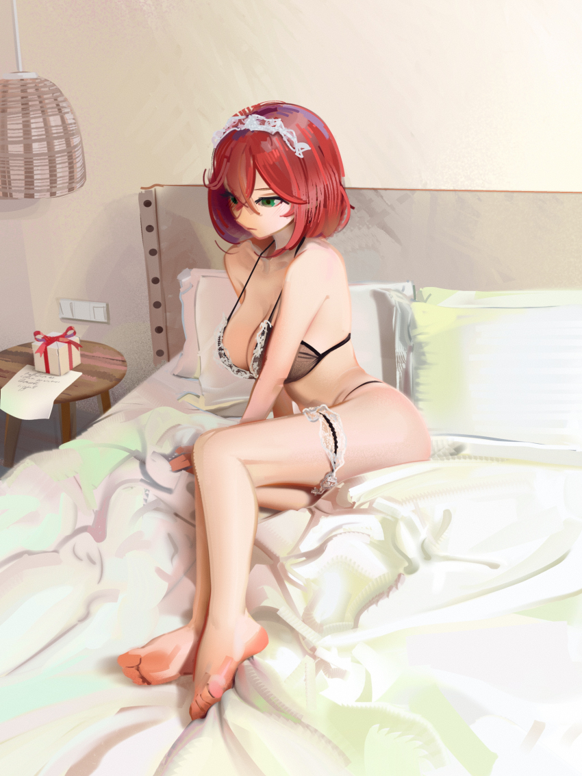 1girl absurdres bare_arms bare_legs bare_shoulders barefoot bed bed_sheet bikini black_bra black_panties box bra breasts cleavage closed_mouth collarbone cup desk_lamp feet frilled_thigh_strap frills full_body gift gift_box green_eyes hair_between_eyes hairband highres indoors lamp large_breasts legs maid maid_bikini maid_headdress medium_hair on_bed original panties pillow red_hair short_hair sitting soles solo sweetonedollar swimsuit thigh_strap toes unconventional_maid underwear underwear_only