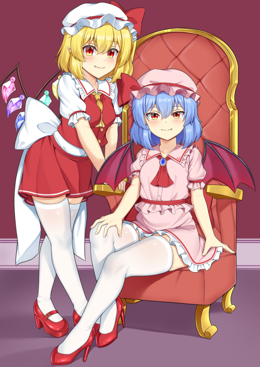 2girls akasaka_sato bat_wings blonde_hair blue_hair breasts chair closed_mouth crystal_wings embodiment_of_scarlet_devil fang flandre_scarlet full_body hat high_heels highres mob_cap multiple_girls pink_hat pink_shirt pink_skirt pointy_ears red_eyes red_shirt red_shoes red_skirt remilia_scarlet shirt shoes short_hair siblings side_ponytail sisters sitting skirt small_breasts standing thighhighs touhou white_hat white_thighhighs wings