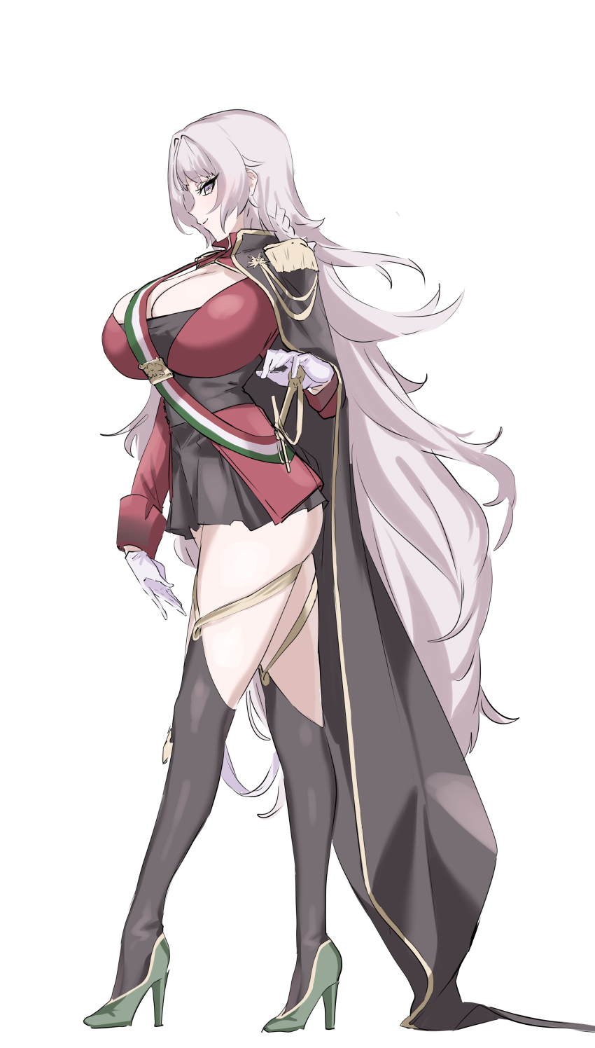 1girl absurdres ass azur_lane breasts commission from_side full_body gloves grey_eyes grey_hair highres huge_breasts italian_flag long_hair mogi_yasunobu pixiv_commission simple_background solo vittorio_veneto_(azur_lane) white_background