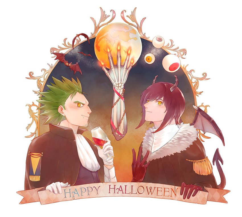 2boys aged_down bat_(animal) brothers cup demon_wings drinking_glass eyeball gannen_harst gloves green_hair halloween halloween_costume happy_halloween highres male_focus multiple_boys red_hair short_hair siblings smile spiked_hair the_saga_of_darren_shan turtleneck vancha_march wine_glass wings yellow_eyes