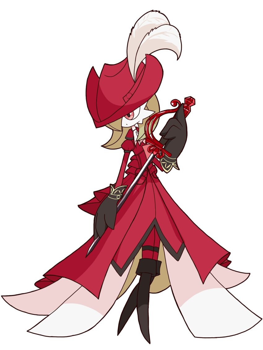 ascot black_boots black_gloves bob_cut boots closed_mouth clothed_pokemon coat colored_skin dot_mouth final_fantasy final_fantasy_xiv gardevoir gen_3_pokemon gloves green_hair hat hat_feather highres holding holding_sword holding_weapon monya nintendo no_feet pants pokemon rapier red_coat red_hat red_mage_(final_fantasy) red_pants short_hair solo sword weapon white_ascot white_skin