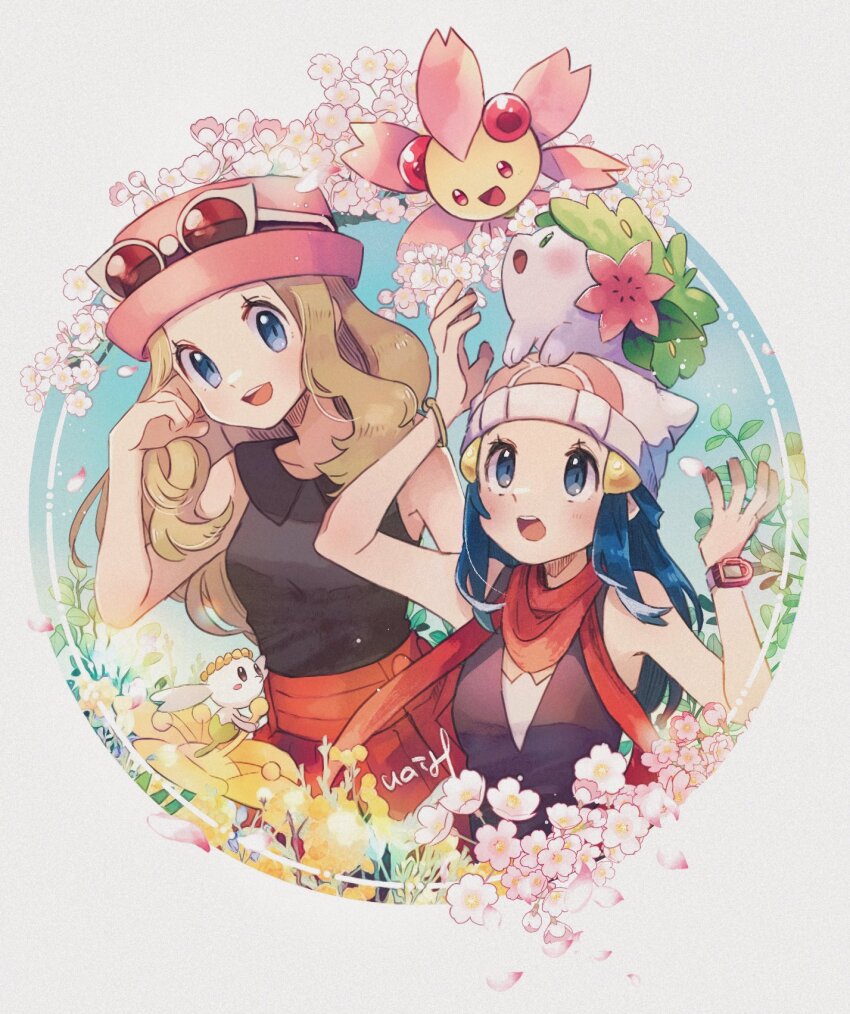 2girls :d beanie blonde_hair blue_eyes border cherrim cherrim_(sunshine) collared_shirt commentary dawn_(pokemon) eyelashes flabebe flabebe_(yellow_flower) flower gen_4_pokemon gen_6_pokemon hand_up hanenbo hat highres legendary_pokemon long_hair multiple_girls mythical_pokemon nintendo open_mouth pink_headwear pokemon pokemon_(creature) pokemon_dppt pokemon_xy poketch red_scarf scarf serena_(pokemon) shaymin shaymin_(land) shirt sidelocks signature skirt sleeveless sleeveless_shirt smile sunglasses symbol-only_commentary teeth tongue upper_teeth_only watch white-framed_eyewear white_border white_headwear wristwatch