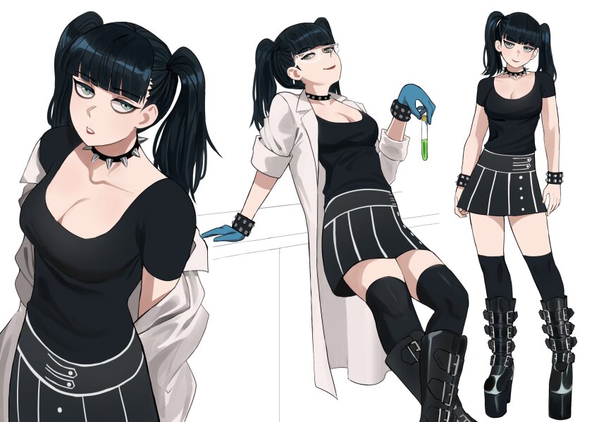 1girl abigail_sciuto animification belt_boots black_hair black_shirt black_skirt black_thighhighs blue_gloves blunt_bangs boots bracelet breasts cleavage collar commentary gloves goth_fashion highres holding holding_vial jewelry jourd4n knee_boots lab_coat long_hair looking_at_viewer medium_breasts multiple_views ncis platform_boots safety_glasses shirt simple_background skirt smile spiked_bracelet spiked_collar spikes thighhighs thighhighs_under_boots twintails vial white_background