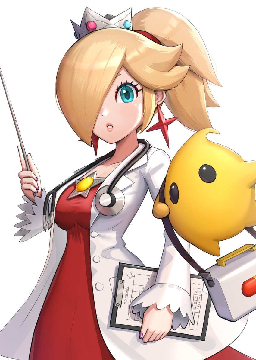 1girl blonde_hair blue_eyes breasts brooch clipboard collarbone crown doctor dr._fire_rosalina dr._mario_(game) dr._mario_world dress earrings fire_rosalina first_aid_kit gonzarez hair_over_one_eye highres holding holding_clipboard holding_wand jewelry lips looking_at_viewer luma_(mario) mario_(series) medium_breasts nail_polish nintendo off_shoulder parted_lips pink_lips pink_nails ponytail red_dress rosalina star_(symbol) star_brooch star_earrings stethoscope wand white_background