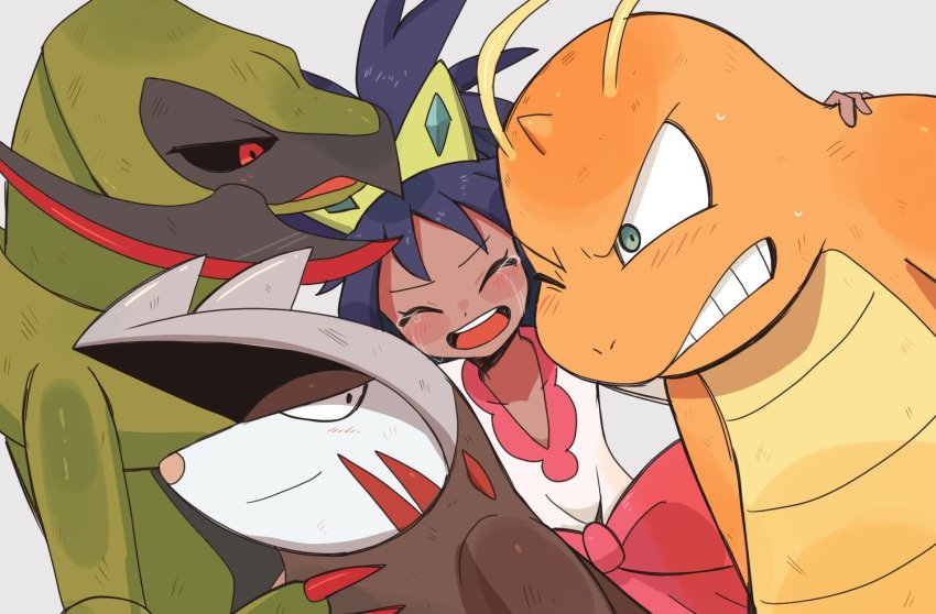 1girl 3others angry antennae blush clenched_teeth dark-skinned_female dark_skin defeat dragon dragonite dress drilbur gen_1_pokemon gen_5_pokemon grabbing_from_behind happy haxorus horns horosuke hug injury iris_(pokemon) long_hair looking_at_another looking_at_viewer multiple_others nintendo open_mouth pokemon pokemon_(anime) pokemon_(creature) pokemon_journeys purple_hair simple_background teamwork tears teeth tiara very_long_hair