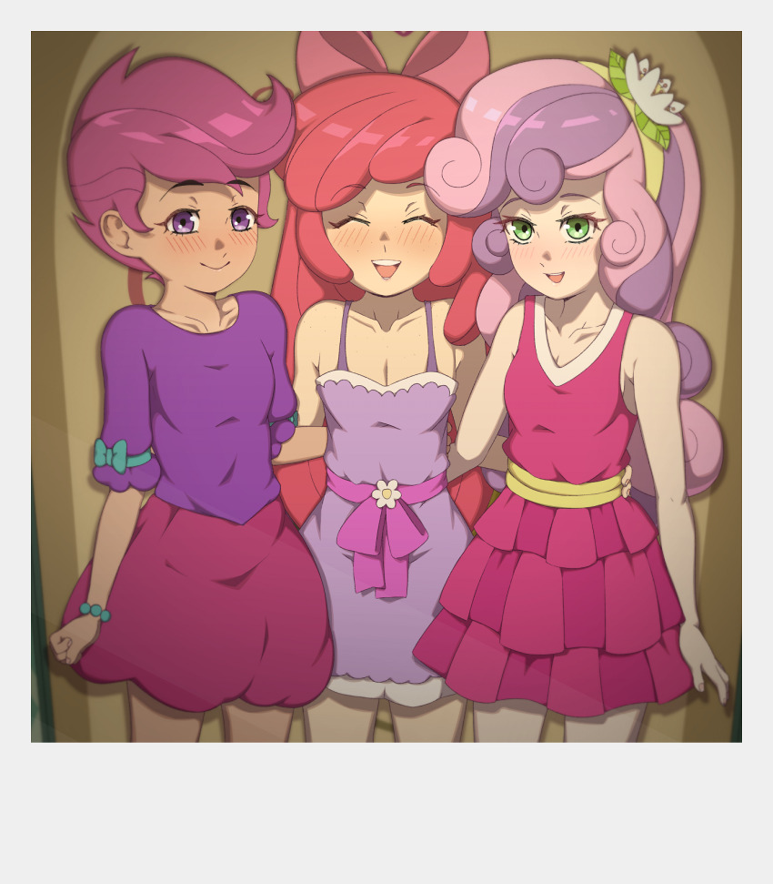 2024 20s 3girls apple_bloom bare_shoulders blush bow bowtie breasts casual child cleavage collarbone cutie_mark_crusaders dress green_eyes hair_bow hair_ornament hasbro highres indoors long_hair looking_at_viewer matching_hair/eyes multiple_girls my_little_pony my_little_pony:_equestria_girls my_little_pony:_friendship_is_magic open_mouth photo_(object) pink_hair polygamy purple_eyes purple_hair red_hair rockset scootaloo short_hair small_breasts smile standing sweetie_belle thighs very_long_hair