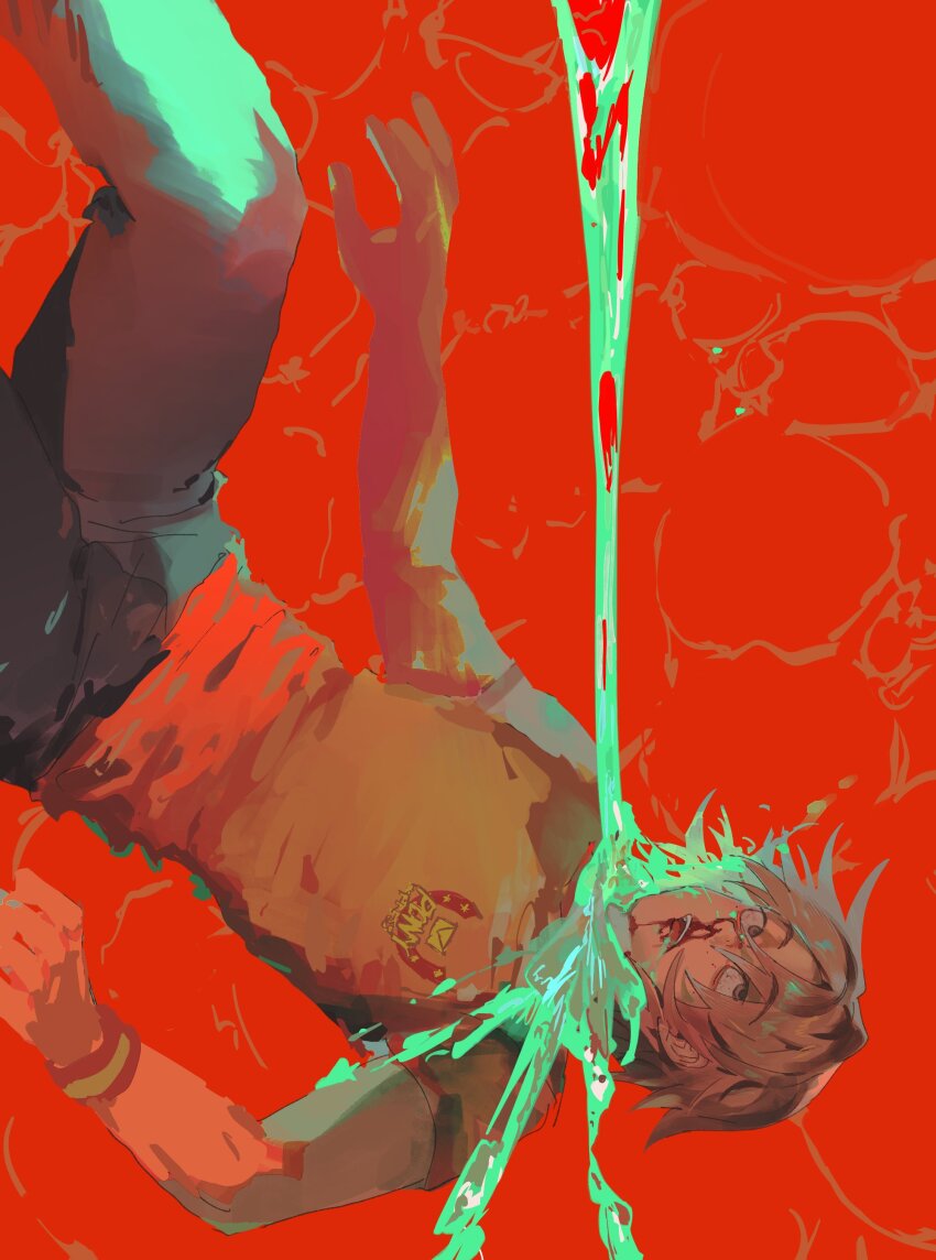 1boy abstract_background absurdres black_pants blood blood_on_face bloodshot_eyes blue_liquid brown_eyes brown_hair daisuke_(mouthwashing) death falling feet_out_of_frame highres male_focus mouthwash mouthwashing natwjeq nosebleed pants pouring_onto_another red_background rolling_eyes shirt short_hair short_sleeves solo spoilers t-shirt upside-down yellow_shirt