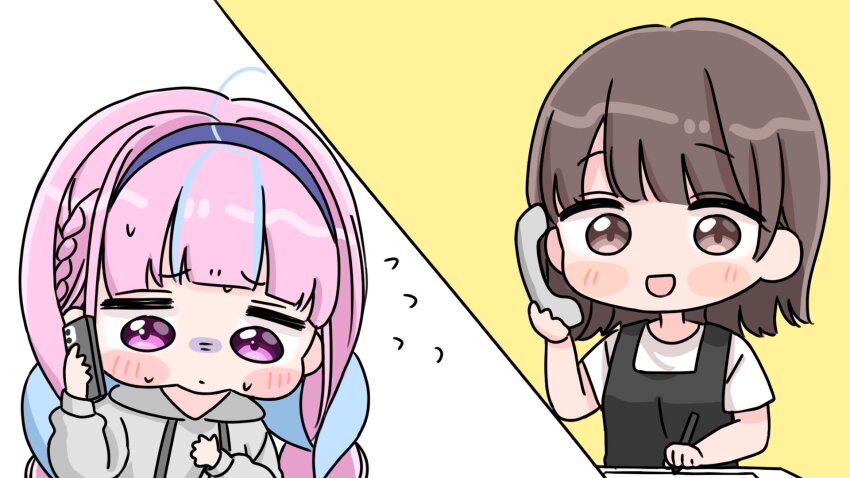 2girls :d ahoge black_dress blue_hair blue_hairband blush_stickers braid brown_eyes brown_hair cellphone chibi closed_mouth drawstring dress flying_sweatdrops grey_hoodie hairband highres holding holding_pen holding_phone hololive hood hood_down hoodie long_sleeves low_twintails minato_aqua mochimiko multicolored_hair multiple_girls open_mouth pen phone pink_hair puffy_long_sleeves puffy_sleeves purple_eyes shirt short_sleeves sleeveless sleeveless_dress sleeves_past_wrists smile streaked_hair turn_pale twin_braids twintails two-tone_hair virtual_youtuber white_shirt