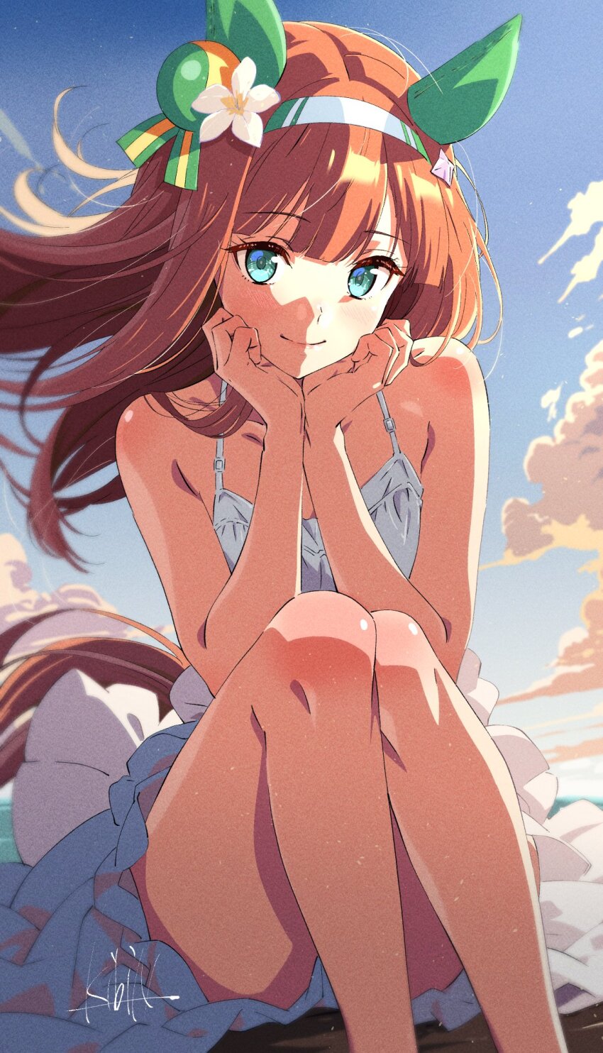 1girl animal_ears aqua_bikini aqua_sarong bare_shoulders bikini blunt_bangs closed_mouth ear_flower flower hair_ornament hand_on_own_cheek hand_on_own_chin hand_on_own_face head_rest highres horse_ears horse_girl horse_tail kibidango_14-gou long_hair looking_at_viewer orange_hair outdoors sarong silence_suzuka_(umamusume) sitting smile solo swimsuit tail umamusume