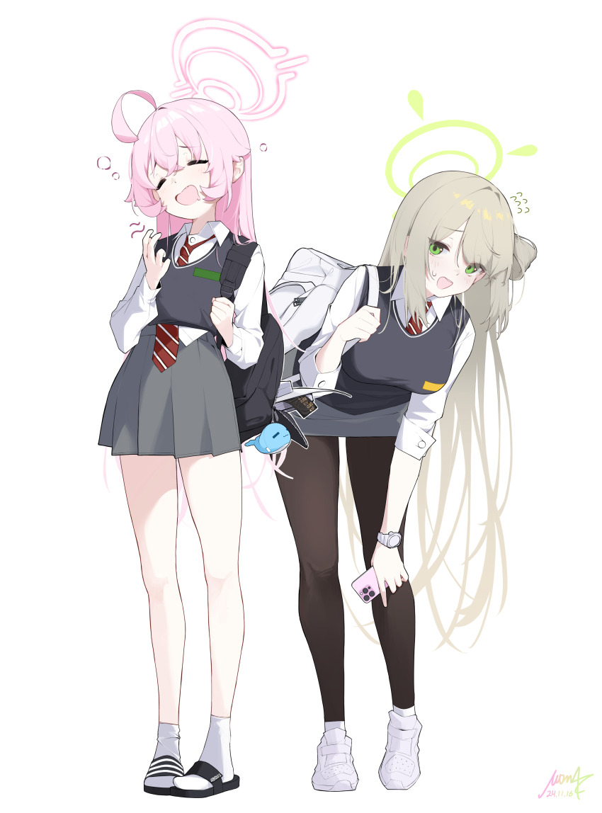 2girls =_= absurdres ahoge alternate_costume backpack bag black_bag black_pantyhose blue_archive blush cellphone charm_(object) condom condom_wrapper diagonal-striped_clothes diagonal-striped_necktie drooling fang flying_sweatdrops full_body grey_hair grey_skirt grey_sweater_vest halo highres holding holding_phone hoshino_(blue_archive) leaning_forward long_hair looking_at_viewer mona_kkkk mouth_drool multiple_girls necktie nonomi_(blue_archive) open_bag pantyhose phone pink_hair red_necktie school_uniform shoes simple_background skirt sleepy slippers smile sneakers squeans striped_clothes sweatdrop sweater_vest very_long_hair watch white_background wristwatch yawning