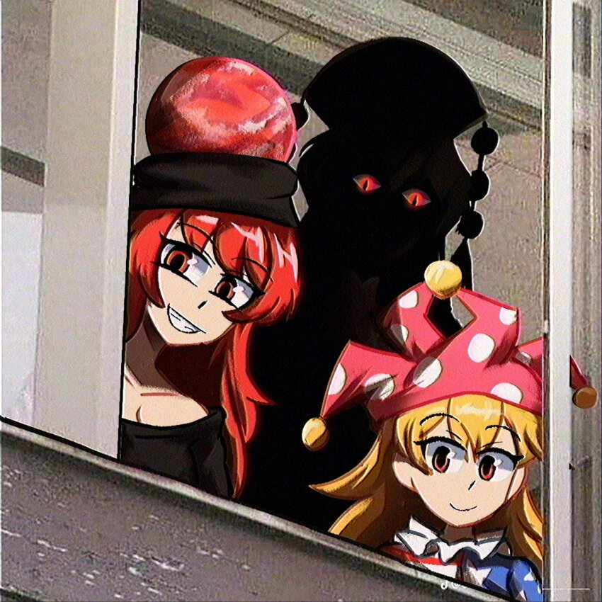3girls absurdres blonde_hair chromatic_aberration clownpiece grin hat hecatia_lapislazuli highres in_shadow indoors jester_cap junko_(touhou) lad_der long_hair looking_at_viewer multiple_girls parody red_eyes red_hair slit_pupils smile touhou window
