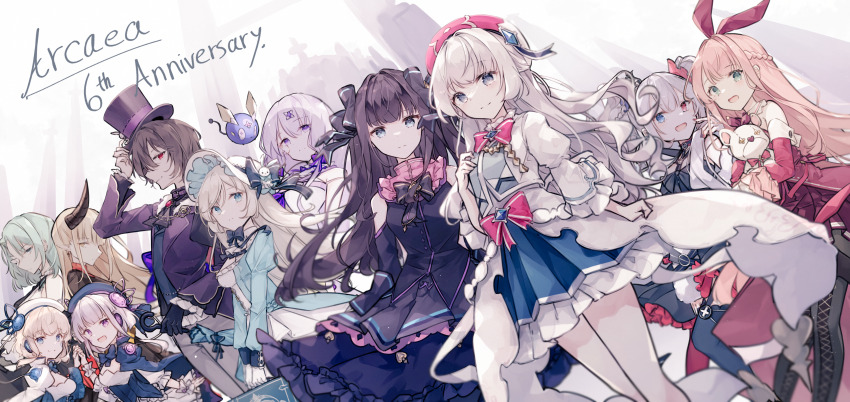 1boy 6+girls :d absurdres alice_(arcaea) anniversary arcaea ascot back-to-back bare_shoulders beret black_ascot black_boots black_bow black_bowtie black_choker black_corset black_dress black_gloves black_hair black_hat black_horns black_kimono black_necktie black_pantyhose black_ribbon black_shirt black_skirt black_sleeves black_veil blonde_hair blue_corset blue_dress blue_eyes blue_gemstone blue_hat blue_nails blue_ribbon blue_skirt blue_thighhighs blue_umbrella blue_vest boots bow bowtie braid breasts briefcase brown_hair charon_(arcaea) choker closed_mouth closed_umbrella commentary copyright_name corset cropped_jacket cross cross_earrings detached_sleeves dress earrings eto_(arcaea) expressionless facial_mark finger_to_cheek flower flower_over_eye frilled_dress frilled_skirt frilled_sleeves frilled_wrist_cuffs frills fur_jacket gem gloves green_eyes green_hair grey_eyes grey_pants hair_bow hair_intakes hair_ornament hair_ribbon hand_on_own_chest hand_on_own_hat hat hat_bow hat_ornament hat_ribbon heterochromia highres hikari_(arcaea) holding holding_briefcase holding_hands holding_stuffed_toy holding_umbrella horns jacket japanese_clothes jewelry kimono kou_(arcaea) lace-up_boots lagrange_(arcaea) large_breasts layered_sleeves lethe_(arcaea) light_frown long_hair long_sleeves looking_at_viewer luna_(arcaea) medium_breasts mismatched_thighhighs miyu_(miy_u1308) monocle multicolored_hair multicolored_nails multiple_girls nail_polish necktie off_shoulder open_clothes open_jacket open_mouth pants pantyhose pink_bow pink_bowtie pink_hair pink_hat pleated_dress pleated_skirt profile puffy_sleeves purple_bow purple_eyes purple_jacket purple_ribbon purple_trim rabbit_hat_ornament red_cross red_dress red_eyes red_nails red_ribbon red_sleeves red_thighhighs ribbon saya_(arcaea) see-through_clothes see-through_sleeves shirahime_(arcaea) shirt short_hair short_over_long_sleeves short_sleeves siblings single_braid single_glove sisters skirt sleeveless sleeveless_shirt smile standing strap_slip strapless strapless_dress streaked_hair stuffed_animal stuffed_toy tairitsu_(arcaea) tenniel_(arcaea) thigh_boots thighhighs twins twintails two-tone_nails umbrella veil very_long_hair vest white_ascot white_dress white_flower white_hair white_hat white_jacket white_pantyhose white_veil wrist_cuffs yellow_bow yellow_dress