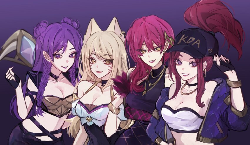 4girls ahri_(league_of_legends) akali animal_ears baseball_cap black_nails blonde_hair bracelet braid breasts choker cleavage crop_top double_bun earrings evelynn_(league_of_legends) facial_mark fingerless_gloves fox_ears gimmunyag gloves hair_bun hat highres jacket jewelry k/da_(league_of_legends) k/da_ahri k/da_akali k/da_evelynn k/da_kai&#039;sa kai&#039;sa large_breasts league_of_legends long_hair looking_at_viewer multiple_girls ponytail purple_eyes purple_hair simple_background smile whisker_markings yellow_eyes