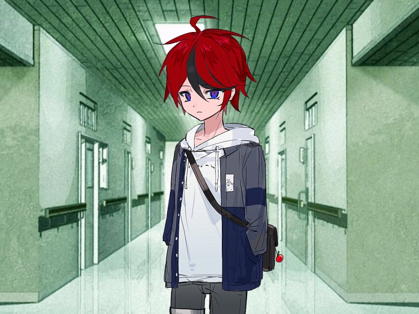 1boy ahoge black_hair black_pants blue_eyes blue_jacket closed_mouth collarbone drawstring frown grey_jacket hair_between_eyes hands_in_pockets highres hood hoodie jacket looking_at_viewer male_focus messy_hair multicolored_eyes multicolored_hair multicolored_jacket pants parody red_eyes red_hair saya_no_uta solo solo_focus streaked_hair style_parody sumino_takumi the_hundred_line_-last_defense_academy- white_hoodie