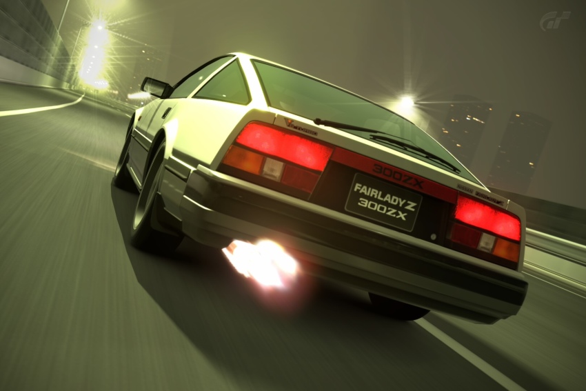 building car city city_lights cityscape commentary dark dutch_angle exhaust_pipe fire from_behind gran_turismo highres highway imanezumi1 lamppost license_plate mirror motor_vehicle night nissan nissan_300zx nissan_300zx_(z31) nissan_fairlady_z no_humans original road scenery side-view_mirror sky skyscraper sports_car unused_tire vehicle_focus wheel windshield