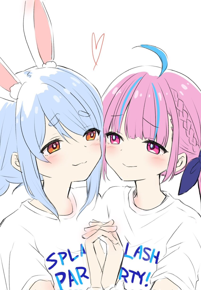2girls ahoge animal_ear_fluff animal_ears blue_hair blue_ribbon braid clothes_writing commentary_request eye_contact hair_ribbon heart highres holding_hands hololive interlocked_fingers kiritoma long_hair looking_at_another minato_aqua multicolored_hair multiple_girls orange_eyes pink_hair purple_eyes rabbit-shaped_pupils rabbit_ears ribbon shirt short_eyebrows short_sleeves simple_background streaked_hair symbol-shaped_pupils thick_eyebrows upper_body usada_pekora virtual_youtuber white_background white_shirt