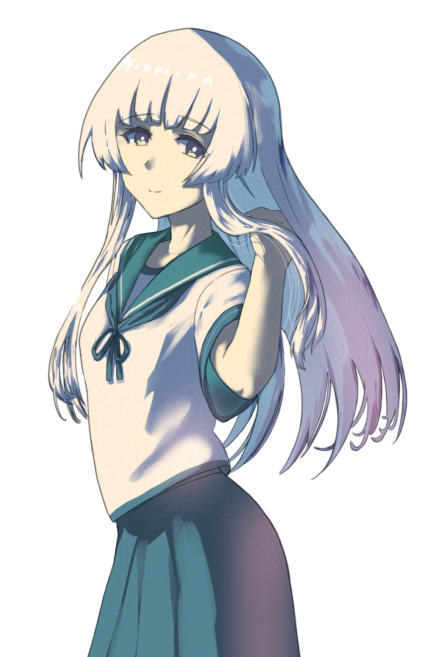 1girl blue_neckerchief blue_sailor_collar blue_skirt blunt_bangs grey_eyes highres kantai_collection long_hair looking_at_viewer mrdotd neckerchief pleated_skirt sailor_collar school_uniform serafuku shirakumo_(kancolle) short_sleeves simple_background skirt smile solo very_long_hair white_background white_hair