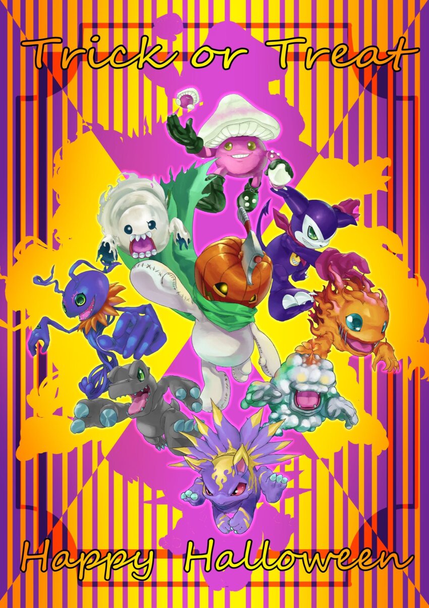 agumon_(black) bakemon chamblemon claws digimon digimon_(creature) elecmon_(violet) fire halloween highres impmon keramon mokumon open_mouth petimeramon sharp_teeth smoke teeth