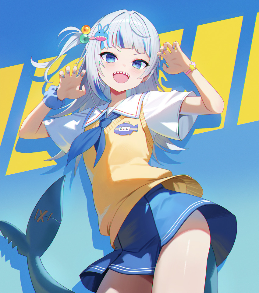 1girl blue_background blue_eyes blue_hair blue_nails blue_neckerchief blue_skirt claw_pose fins fish_tail gawr_gura gawr_gura_(school_uniform) grey_hair hair_ornament highres hololive hololive_english looking_at_viewer medium_hair melreon nail_polish neckerchief official_alternate_costume official_alternate_hairstyle one_side_up rabbit_hair_ornament shark_girl shark_tail shirt skirt smile solo tail vest virtual_youtuber white_shirt yellow_vest