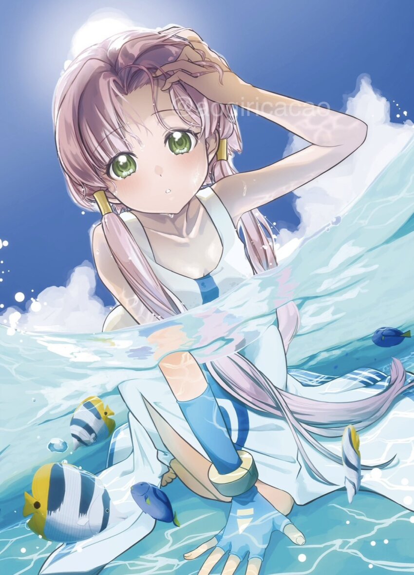 1girl adjusting_hair all_fours aogirism aria_(manga) aria_company_uniform arm_up armpits artist_name barefoot blue_gloves blue_sky blush breasts cleavage collarbone day dress fish full_body gloves green_eyes hair_tubes highres looking_at_viewer mizunashi_akari ocean outdoors parted_bangs partially_submerged pink_hair short_hair_with_long_locks side_slit single_glove sky sleeveless sleeveless_dress small_breasts solo toes water wet white_dress