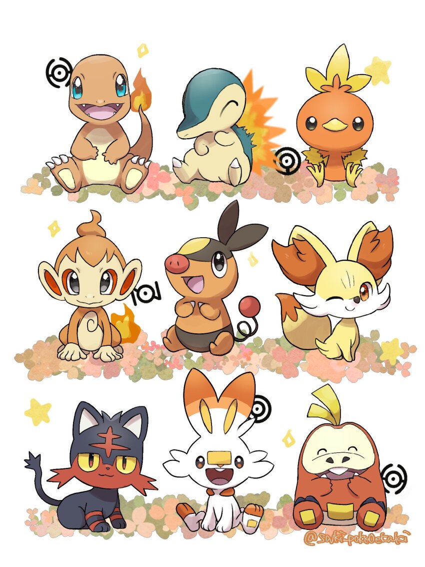 :d animal_ear_fluff animal_focus bird blue_eyes cat charmander chick chimchar claws colored_sclera commentary_request cyndaquil fangs fennekin fiery_tail fox fuecoco game_freak gen_1_pokemon gen_2_pokemon gen_3_pokemon gen_4_pokemon gen_5_pokemon gen_6_pokemon gen_7_pokemon gen_8_pokemon highres litten monkey nintendo no_humans one_eye_closed open_mouth orange_eyes orange_fur pokemon pokemon_(creature) rabbit red_eyes saki_pokeoekaki scorbunny sitting smile snout star_(symbol) tail tepig torchic unown unown_h unown_n unown_o white_background yellow_sclera