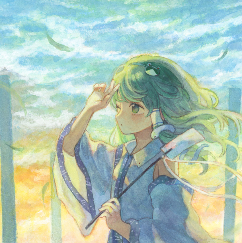 1girl absurdres acrylic_paint_(medium) blush cloud cloudy_sky commentary_request detached_sleeves frog_hair_ornament gohei green_eyes green_hair hair_ornament hair_tubes highres holding holding_gohei kochiya_sanae long_hair one_eye_closed outdoors painting_(medium) sasami_(shiroi_fuwafuwa) single_hair_tube sky snake_hair_ornament solo touhou traditional_media