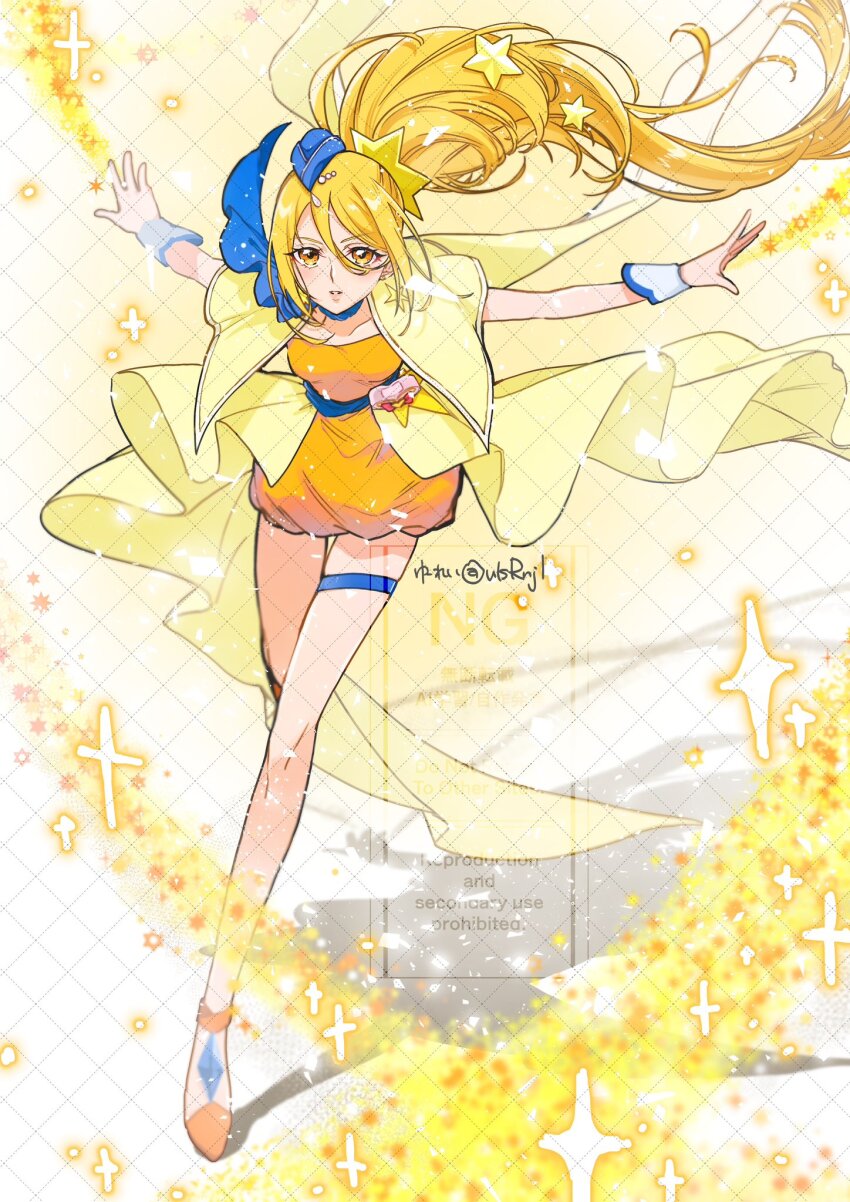 1girl blonde_hair blue_hat blue_scarf breasts capelet cure_etoile dress earrings garrison_cap hair_ornament hat heart_pouch highres hugtto!_precure jewelry kagayaki_homare long_hair looking_at_viewer magical_girl medium_breasts mini_hat orange_dress orange_shoes ponytail precure scarf shoes smile solo sparkle_background star_(symbol) star_earrings star_hair_ornament ulsrnj1 very_long_hair watermark wrist_cuffs yellow_background yellow_capelet yellow_eyes