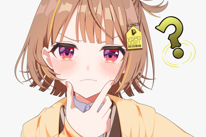 1girl ? ?? blush brown_sweater closed_mouth collared_shirt hair_ornament highres jacket looking_at_viewer multicolored_hair omas_lie portrait purple_eyes sendo_yuuhi sendo_yuuhi_(1st_costume) shirt short_hair simple_background solo streaked_hair sweatdrop sweater v-shaped_eyebrows virtual_youtuber vspo! white_background yellow_jacket
