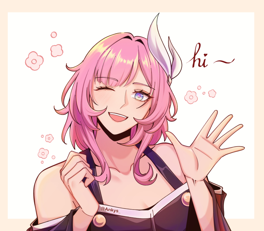1girl absurdres ankie_(ankys_) bare_shoulders blue_eyes border commentary cosplay cyrene_(honkai:_star_rail) cyrene_(honkai:_star_rail)_(cosplay) elysia_(honkai_impact) english_commentary floral_background hair_ornament highres honkai:_star_rail honkai_(series) honkai_impact_3rd inoue_marina looking_at_viewer medium_hair one_eye_closed open_mouth pink_border pink_hair solo teeth upper_teeth_only waving_hands white_background yanning