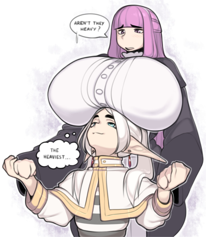 2girls alternate_breast_size_(larger) black_coat blunt_bangs breast_rest breasts breasts_on_head capelet coat dress elf fern_(sousou_no_frieren) frieren gigantic_breasts height_difference long_hair multiple_girls onae_ane pointy_ears purple_eyes purple_hair simple_background smile sousou_no_frieren straight_hair white_capelet white_dress