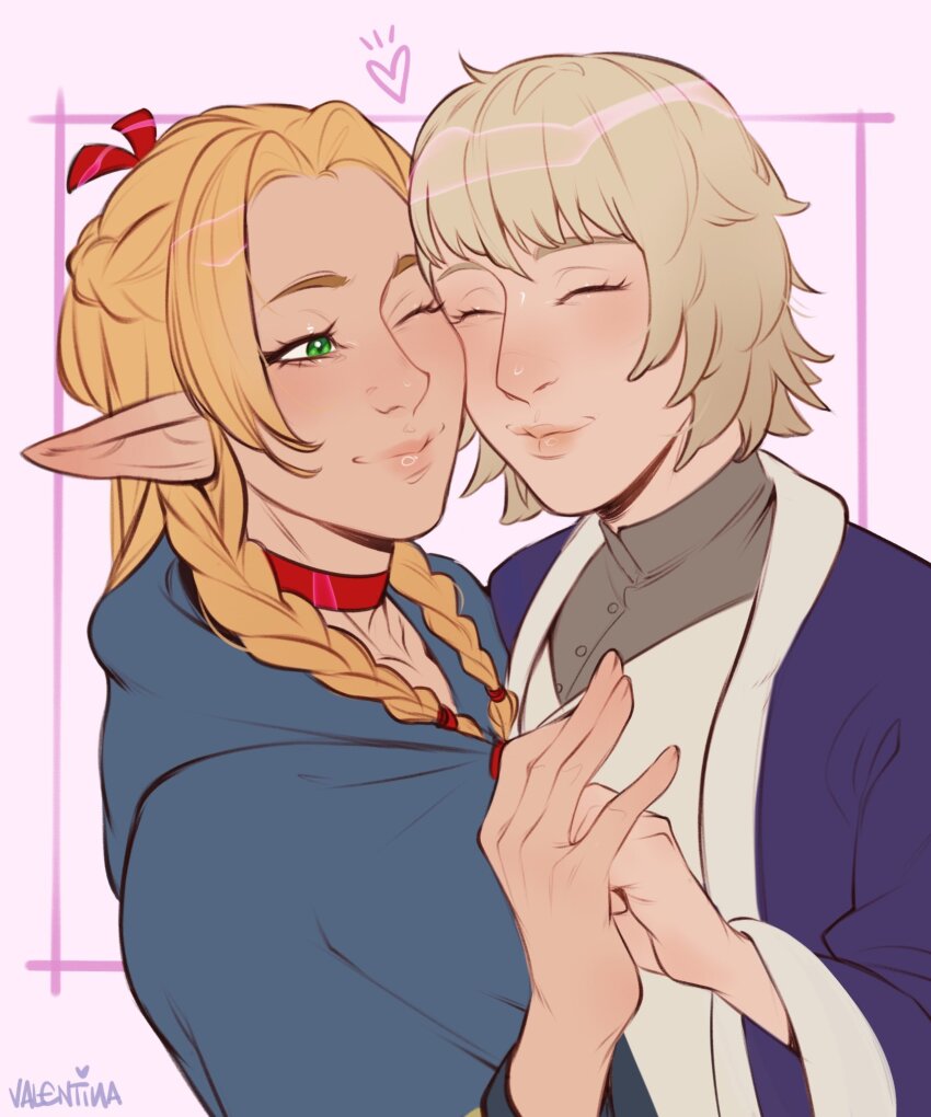 2girls artist_name blue_robe choker closed_eyes dungeon_meshi elf falin_touden green_eyes grey_hair highres marcille_donato multiple_girls one_eye_closed open_clothes open_robe pointy_ears red_choker robe upper_body valentina_tavolilla yuri