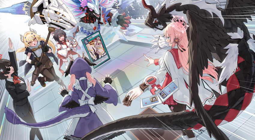 5girls absurdres albaz_(yu-gi-oh!) android_(blue_archive) binah_(blue_archive) blue_archive blue_kimono card chlorella_observation_club_member_(blue_archive) commentary commentary_request cosplay crowd deck_of_cards dragon dragonmaid_sheou duel duel_disk duel_monster ecclesia_(yu-gi-oh!) geburah_(blue_archive) halo hifumi_(blue_archive) highres holding holding_card house_dragonmaid humanoid_robot incredible_ecclesia_the_virtuous jacket jacket_on_shoulders japanese_clothes justice_task_force_member_(blue_archive) kaede_(blue_archive) kaiba_seto kaiba_seto_(cosplay) kimono koharu_(blue_archive) kokukyukeo laundry_dragonmaid malkuth_(blue_archive) millennium_science_school_student_(blue_archive) millennium_science_school_student_a_(blue_archive) millennium_science_school_student_b_(blue_archive) mimori_(blue_archive) mirrorjade_the_iceblade_dragon multiple_girls muto_yugi muto_yugi_(cosplay) pink_hair pink_halo red_skirt robot shirt skirt trading_card tsubaki_(blue_archive) tsubaki_(guide)_(blue_archive) white_kimono white_shirt yu-gi-oh!