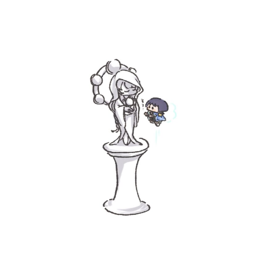 1boy black_eyes black_hair black_shirt black_shorts blue_headwear blush chibi flying genshin_impact highres jacket raiden_shogun scaramouche_(genshin_impact) shirt shorts statue statue_of_the_seven wanderer_(genshin_impact) white_background white_jacket yoku_(knee_cap_)