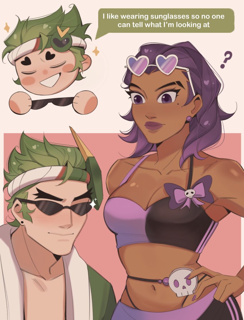 1boy 1girl blush breasts camisole cleavage closed_mouth couple dark-skinned_female dark_skin earrings english_text genji_(overwatch) green_hair hairband hand_on_own_hip hetero highres jewelry kaiwankon looking_at_breasts medium_breasts mole mole_under_eye navel overwatch panty_straps purple_eyes purple_hair purple_lips purple_nails short_hair smile sombra_(overwatch) sparrow_genji speech_bubble sunglasses talking v-shaped_eyebrows
