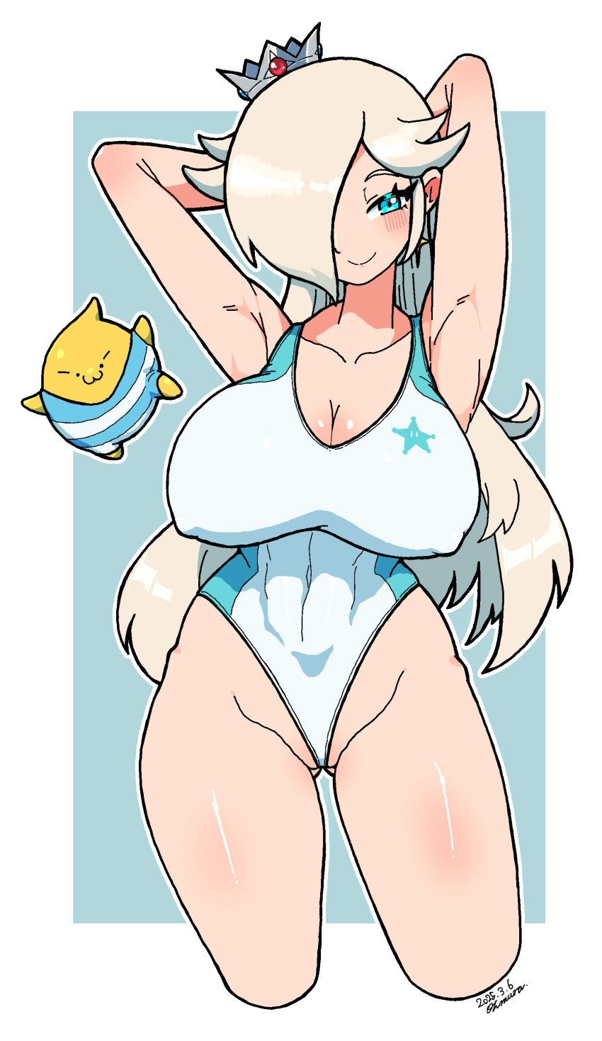 1girl absurdres aqua_eyes armpits arms_behind_head artist_name blonde_hair blush breasts cleavage covered_erect_nipples covered_navel curvy dated half-closed_eye highres large_breasts legs long_hair looking_at_viewer luma_(mario) mario_(series) nintendo omura_zojiki one-piece_swimsuit princess rosalina seductive_gaze seductive_smile smile solo swimsuit thick_thighs thighs toned very_long_hair wide_sleeves
