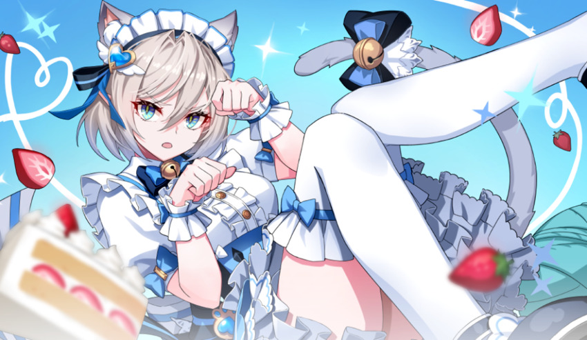 1girl animal_ears apron bell blue_background blue_bow blue_bowtie blue_eyes bow bowtie breasts buttons cake cat_ears cat_girl cat_tail center_frills collared_shirt corset crystal embarrassed food frilled_skirt frills fruit grand_chase grey_hair heart highres maid maid_apron maid_headdress medium_breasts medium_hair neck_bell official_alternate_costume official_art open_mouth paw_pose pointy_ears puffy_short_sleeves puffy_sleeves shirt short_sleeves skirt slit_pupils solo strawberry tail tail_bow tail_ornament thighhighs tiamat_(grand_chase) tsurime white_thighhighs