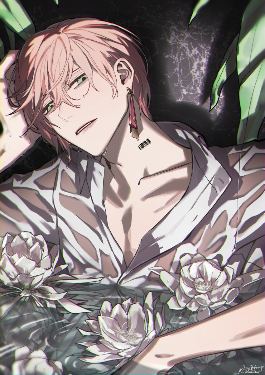 1boy absurdres barcode barcode_tattoo black_background collarbone commentary earrings english_commentary epiphyllum flower flower_on_liquid green_eyes hair_between_eyes hand_on_own_head head_rest highres holostars indoors jewelry leaf looking_at_viewer male_focus naizou_bug neck_tattoo open_collar parted_lips partially_submerged pink_hair rikka_(holostars) shadow shirt short_hair signature single_earring solo tattoo upper_body virtual_youtuber water wet wet_clothes wet_shirt white_flower white_shirt