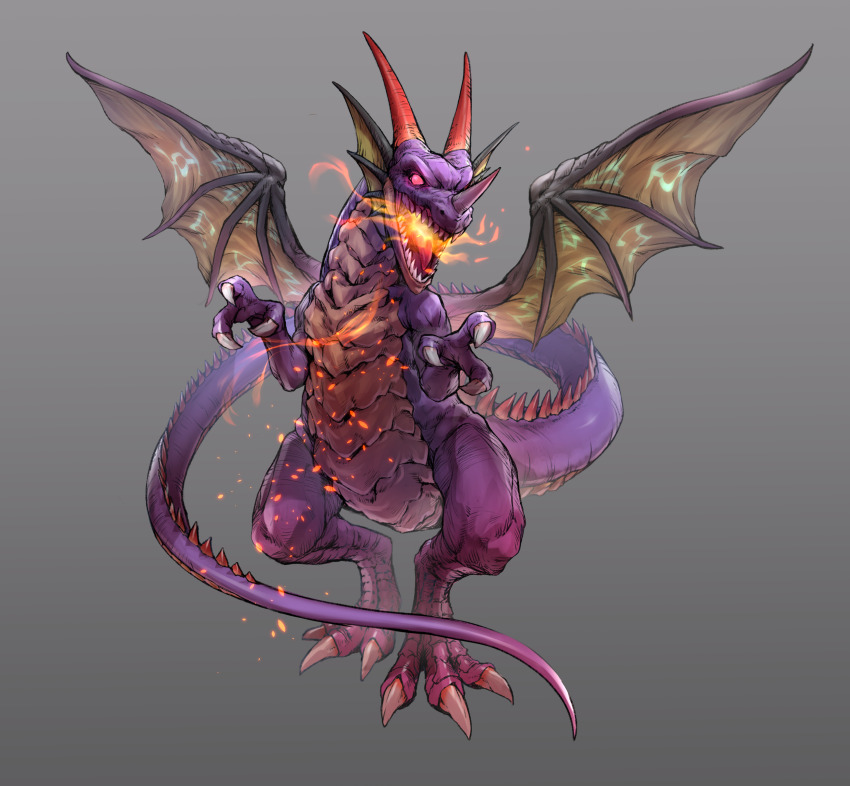 1boy absurdres bat_wings breath_weapon breathing_fire claws commentary_request dragon dragon_lord dragon_quest dragon_quest_i fins fire full_body gradient_background grey_background head_fins highres horns incoming_attack kurosaki_yo looking_at_viewer male_focus monster monster_focus no_humans no_pupils nose_horn one_eye_covered open_mouth orange_horns partial_commentary pink_eyes purple_scales solo tail transformation wings