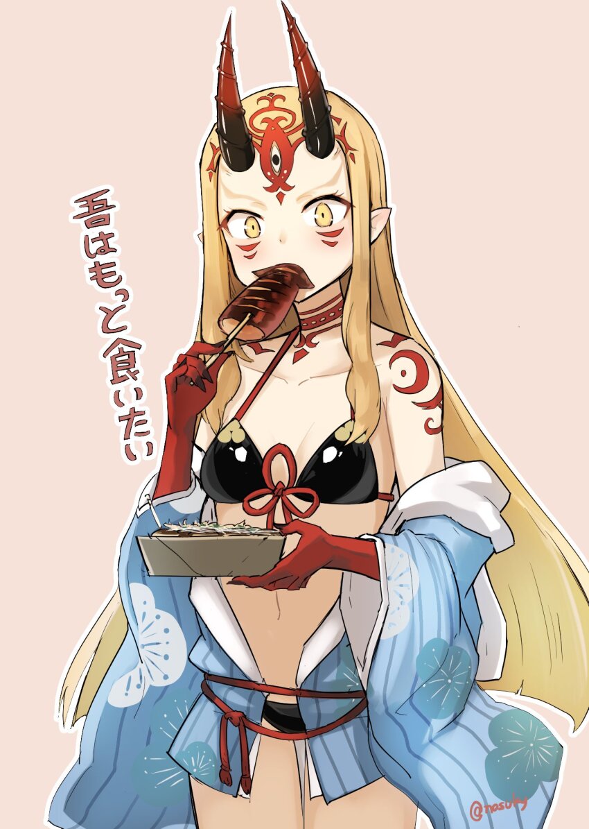 1girl bare_shoulders bikini black_bikini blonde_hair blue_kimono breasts collarbone eating facial_mark fate/grand_order fate_(series) food forehead forehead_mark fried_squid hair_pulled_back highres ibaraki_douji_(fate) ibaraki_douji_(fate/grand_order) ibaraki_douji_(swimsuit_lancer)_(fate) ibaraki_douji_(swimsuit_lancer)_(first_ascension)_(fate) japanese_clothes kimono long_hair long_sleeves looking_at_viewer navel nosuku off_shoulder oni short_kimono skewer small_breasts solo swimsuit tattoo translation_request wide_sleeves yellow_eyes