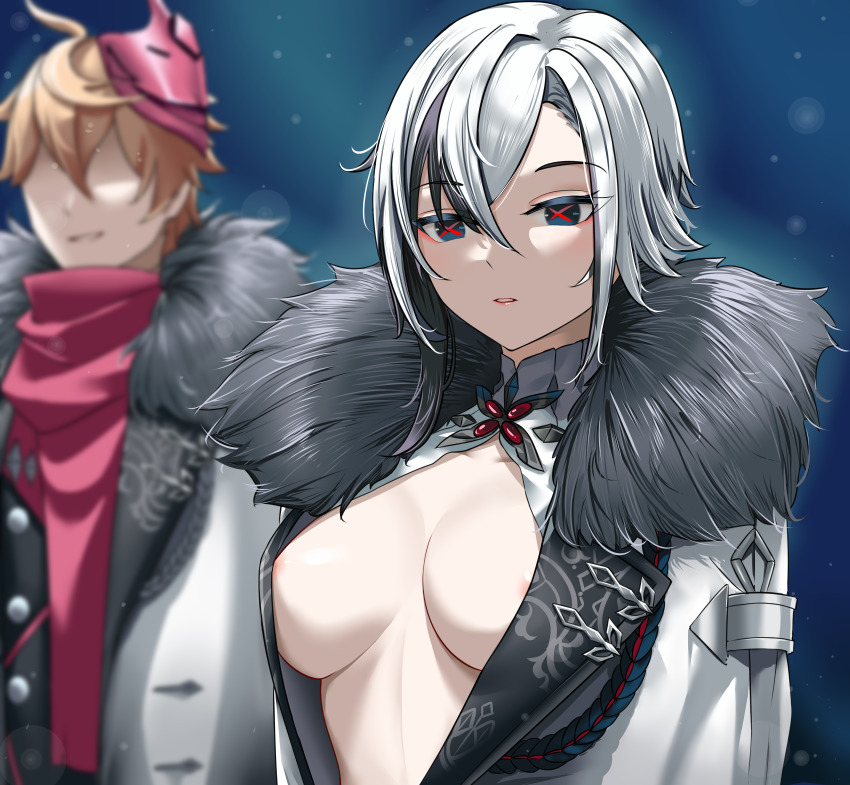1boy 1girl absurdres areola_slip arlecchino_(genshin_impact) arlecchino_(majo_to_hyakkihei) breasts center_opening coat faceless faceless_male fur_trim genshin_impact half-closed_eyes highres katsuboys mask mask_on_head medium_breasts multicolored_hair no_bra open_clothes open_coat orange_hair parted_lips red_scarf scarf shaded_face short_hair smile streaked_hair symbol-shaped_pupils two-tone_hair upper_body white_hair