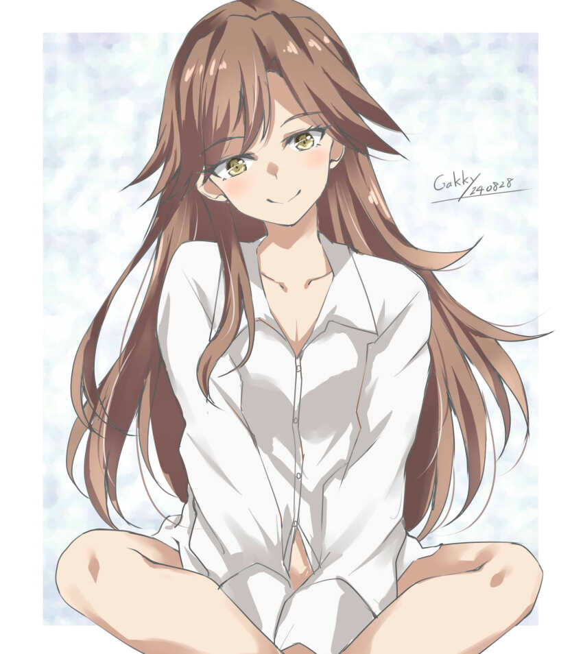 1girl arashio_(kancolle) arashio_kai_ni_(kancolle) artist_name breasts brown_eyes brown_hair covering_crotch covering_privates dated gakky hands_on_feet highres indian_style kantai_collection long_hair long_sleeves looking_at_viewer shirt sitting small_breasts smile white_background white_shirt