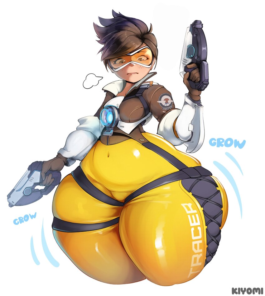 1girl absurdres alternate_size artist_name brown_eyes brown_hair commentary dual_wielding english_commentary goggles gun handgun highres holding holding_gun holding_weapon kiyomi_draws orange-tinted_eyewear overwatch short_hair simple_background solo sound_effects thick_thighs thighs tinted_eyewear tracer_(overwatch) weapon white_background wide_hips