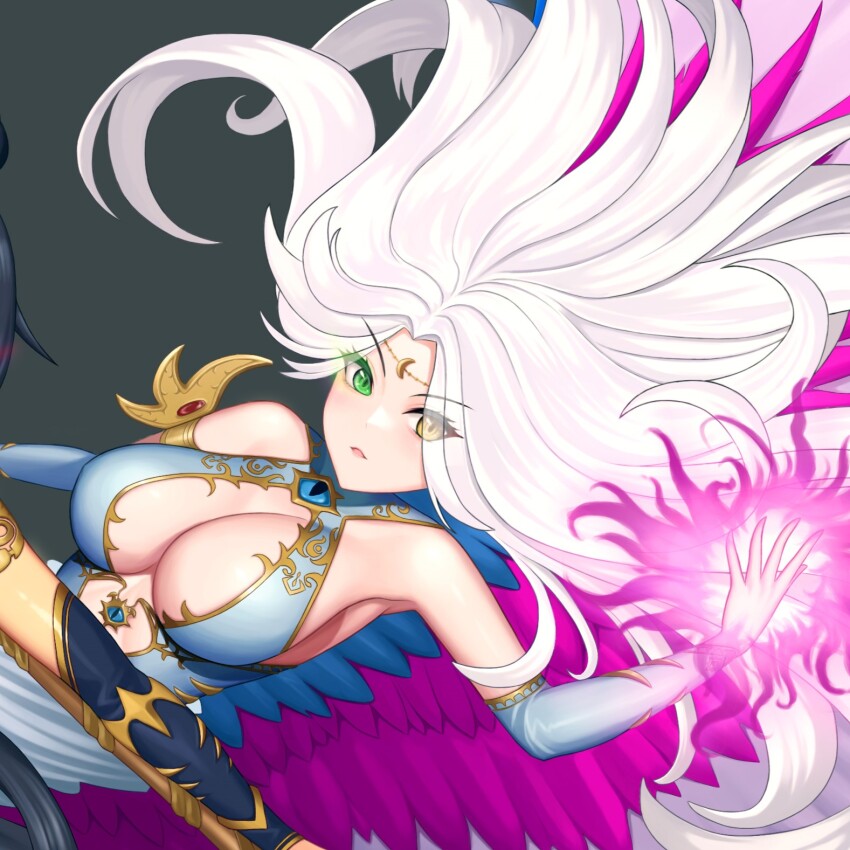 2girls bare_shoulders breasts commentary_request green_eyes highres kairos_fateweaver large_breasts long_hair multiple_girls out_of_frame personification rakuri_(rwrn5475) solo_focus total_war total_war:_warhammer_3 very_long_hair warhammer_40k white_hair yellow_eyes