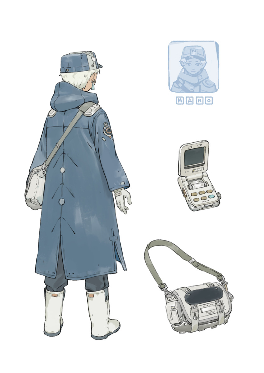 1boy absurdres blue_hat boots character_name chenrong96 earrings from_behind full_body gloves grey_bag grey_gloves hat highres hood hood_down hooded_coat jewelry long_sleeves male_focus original pants short_hair simple_background white_background