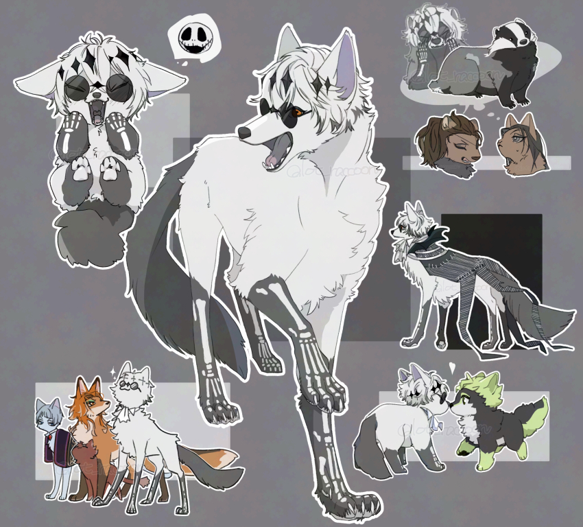 animal animal_focus animalization black_background black_coat cat clothed_animal coat commentary_request fellow_honest fox gidel_(twisted_wonderland) highres jamil_viper leona_kingscholar lion multiple_views no_humans orange_eyes raccoonlot rollo_flamme round_eyewear sebek_zigvolt short_hair skully_j._graves sunglasses twisted_wonderland white_hair wolf